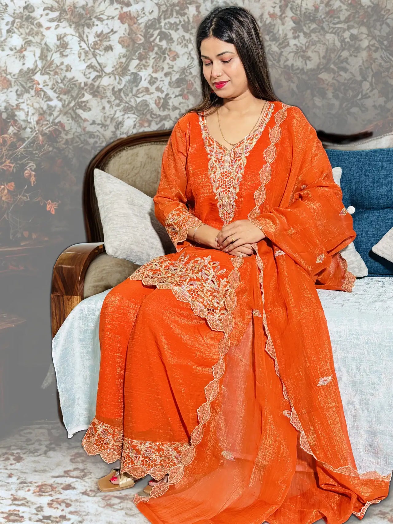 Premium Embroidered Kurta Plazo Set with Flowing Dupatta |  3 Piece Suit | Vibrant Orange Color |  Elegant Thread Embroidery on Neck, Sleeves, Kurta Bottom Border and at Bottom of Plazo | Rich Embroidered Dupatta