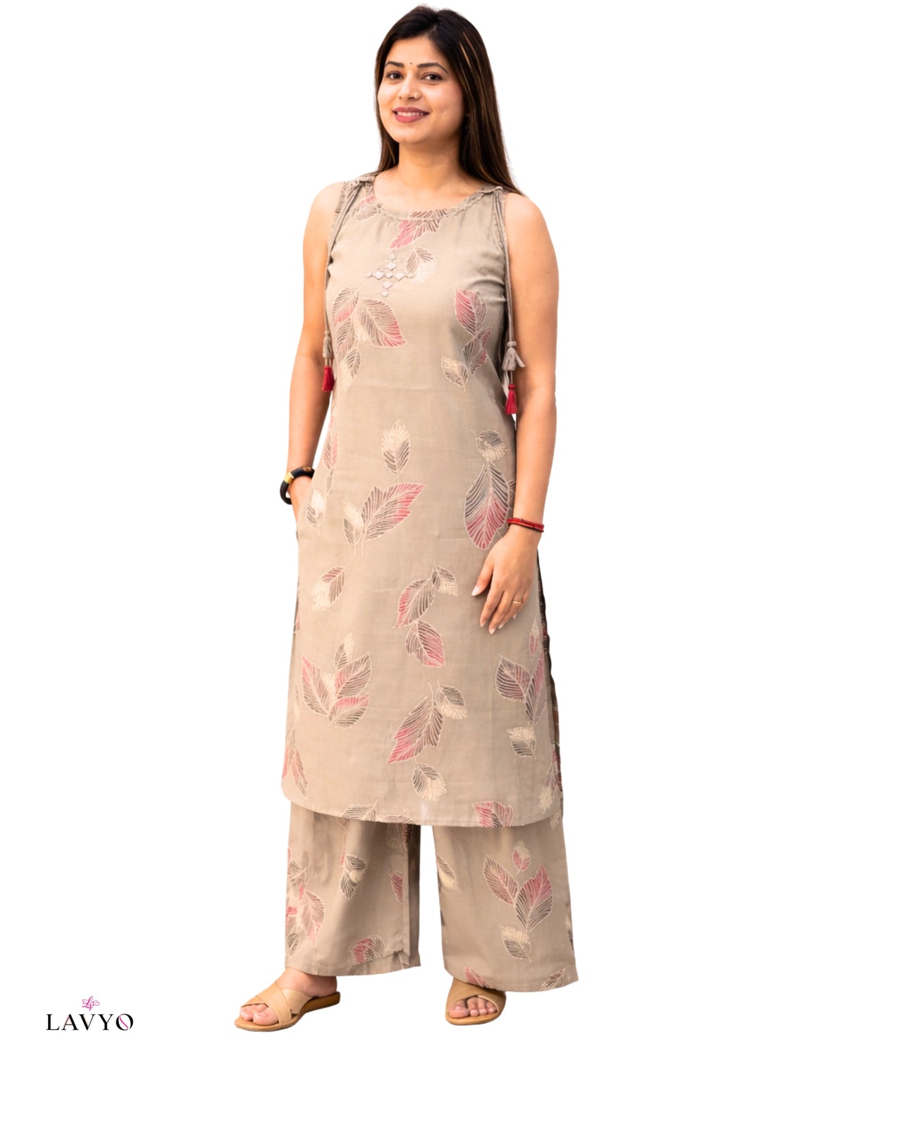 Premium Taupe Beige Printed Sleeveless (Extra Sleeves Inside Customer Stitching Required) Co-Ord Set (2 Piece Set)