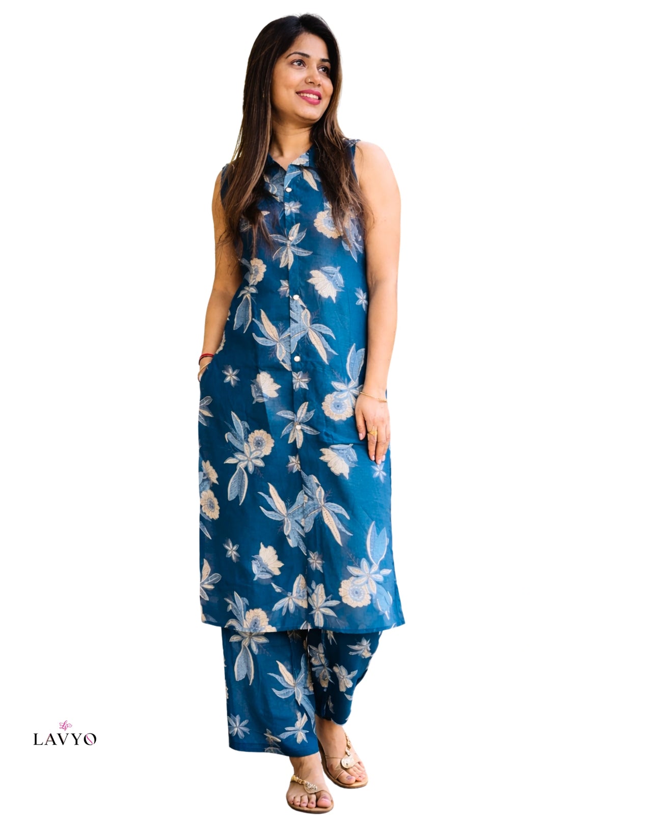 Premium Teal Blue Printed Sleeveless (Extra Sleeves Inside Customer Stitching Required) Co-Ord Set (2 Piece Set)