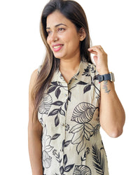 Premium Beige Printed Sleeveless , Extra Sleeves Inside (Customer Stitching Required) Co-Ord Set (2 Piece)