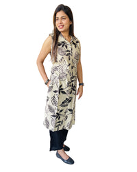 Premium Beige Printed Sleeveless , Extra Sleeves Inside (Customer Stitching Required) Co-Ord Set (2 Piece)