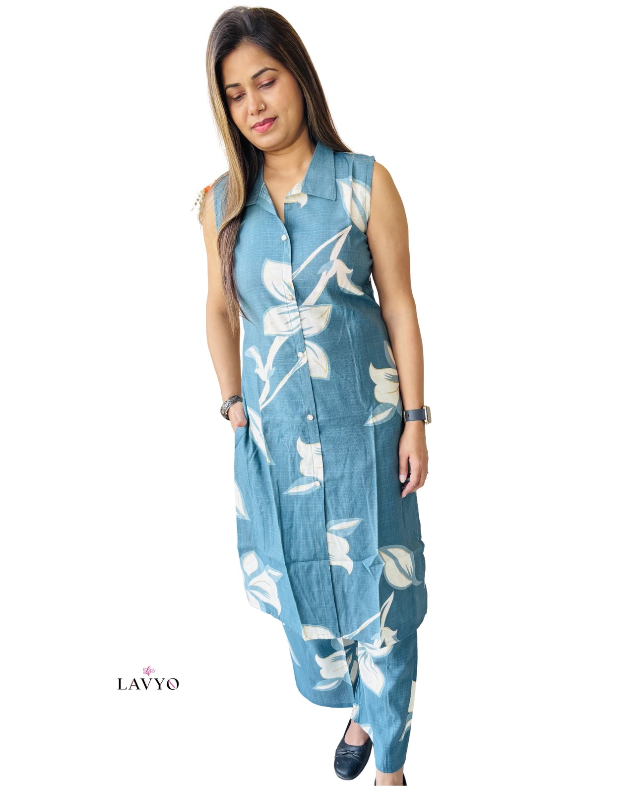 Premium Teal Blue Printed Sleeveless, Extra Sleeves Inside (Customer Stitching Required) Co-ord Set (2 Piece)