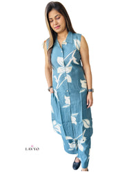 Premium Teal Blue Printed Sleeveless, Extra Sleeves Inside (Customer Stitching Required) Co-ord Set (2 Piece)