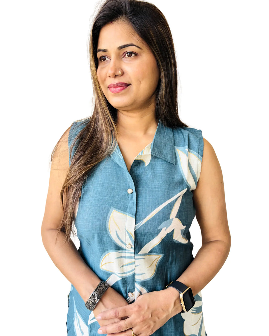 Premium Teal Blue Printed Sleeveless, Extra Sleeves Inside (Customer Stitching Required) Co-ord Set (2 Piece)