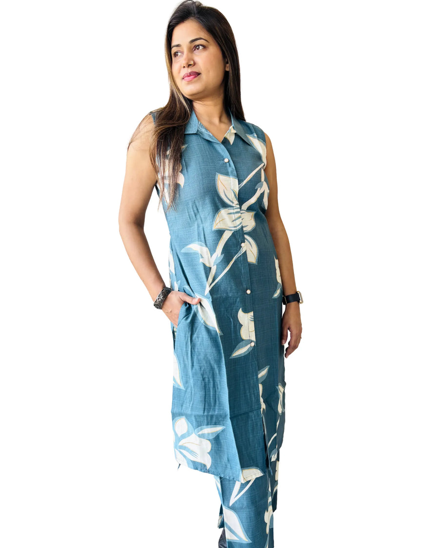 Premium Teal Blue Printed Sleeveless, Extra Sleeves Inside (Customer Stitching Required) Co-ord Set (2 Piece)