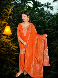 Premium Embroidered Kurta Plazo Set with Flowing Dupatta |  3 Piece Suit | Vibrant Orange Color |  Elegant Thread Embroidery on Neck, Sleeves, Kurta Bottom Border and at Bottom of Plazo | Rich Embroidered Dupatta