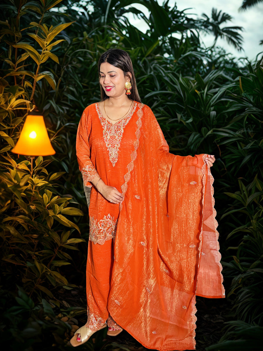 Premium Embroidered Kurta Plazo Set with Flowing Dupatta |  3 Piece Suit | Vibrant Orange Color |  Elegant Thread Embroidery on Neck, Sleeves, Kurta Bottom Border and at Bottom of Plazo | Rich Embroidered Dupatta
