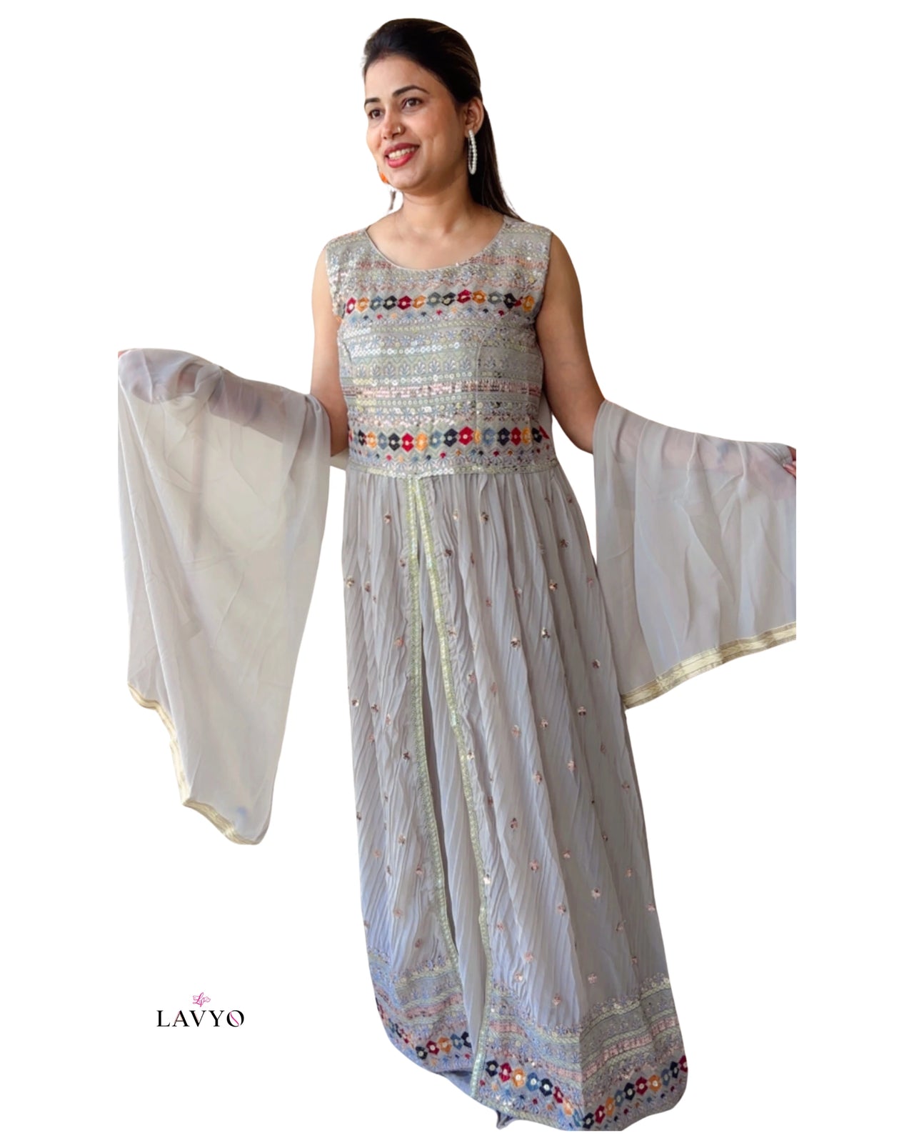 Premium Free Size Soft Light Grey  Color (Pestal Color) Embroider Anarkali Style Set (Lehnga Style), Sleeveless Extra Sleeves Inside (Customer Stitching Required)  with Sheer Dupatta (3 Piece Set)