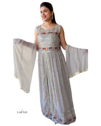 Premium Free Size Soft Light Grey  Color (Pestal Color) Embroider Anarkali Style Set (Lehnga Style), Sleeveless Extra Sleeves Inside (Customer Stitching Required)  with Sheer Dupatta (3 Piece Set)