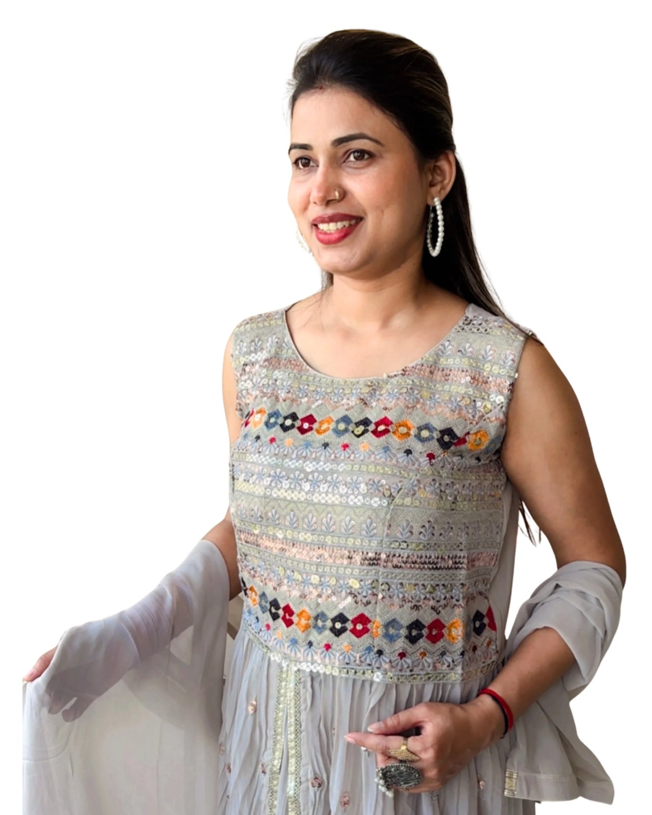Premium Free Size Soft Light Grey  Color (Pestal Color) Embroider Anarkali Style Set (Lehnga Style), Sleeveless Extra Sleeves Inside (Customer Stitching Required)  with Sheer Dupatta (3 Piece Set)