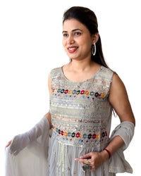 Premium Free Size Soft Light Grey  Color (Pestal Color) Embroider Anarkali Style Set (Lehnga Style), Sleeveless Extra Sleeves Inside (Customer Stitching Required)  with Sheer Dupatta (3 Piece Set)