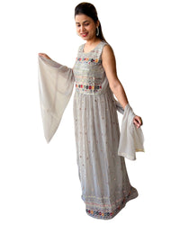 Premium Free Size Soft Light Grey  Color (Pestal Color) Embroider Anarkali Style Set (Lehnga Style), Sleeveless Extra Sleeves Inside (Customer Stitching Required)  with Sheer Dupatta (3 Piece Set)