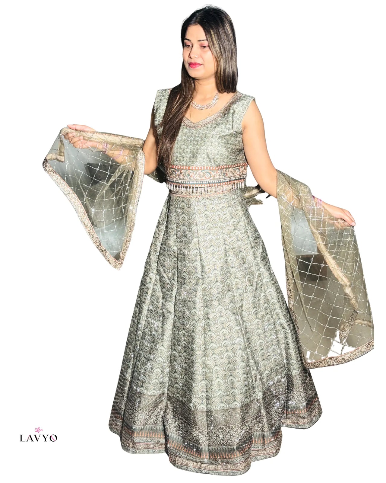Premium Sage Green (Pastel Color) Embroidery Work Sleeveless (Extra Sleeves Inside Customer Stitching Required) Anarkali Set (Lehnga Style) with Sheer Dupatta (3 Piece Set) | FREE SIZE