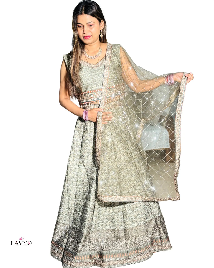 Premium Sage Green (Pastel Color) Embroidery Work Sleeveless (Extra Sleeves Inside Customer Stitching Required) Anarkali Set (Lehnga Style) with Sheer Dupatta (3 Piece Set) | FREE SIZE
