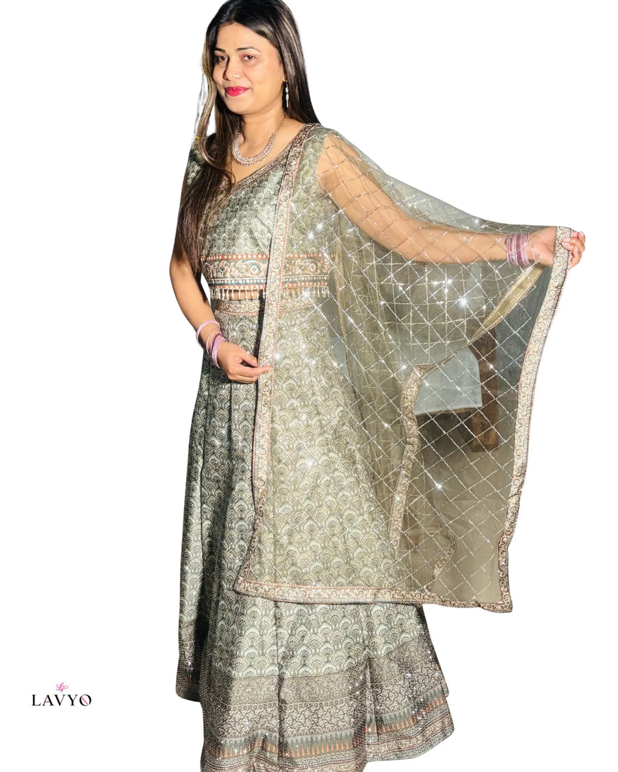 Premium Sage Green (Pastel Color) Embroidery Work Sleeveless (Extra Sleeves Inside Customer Stitching Required) Anarkali Set (Lehnga Style) with Sheer Dupatta (3 Piece Set) | FREE SIZE