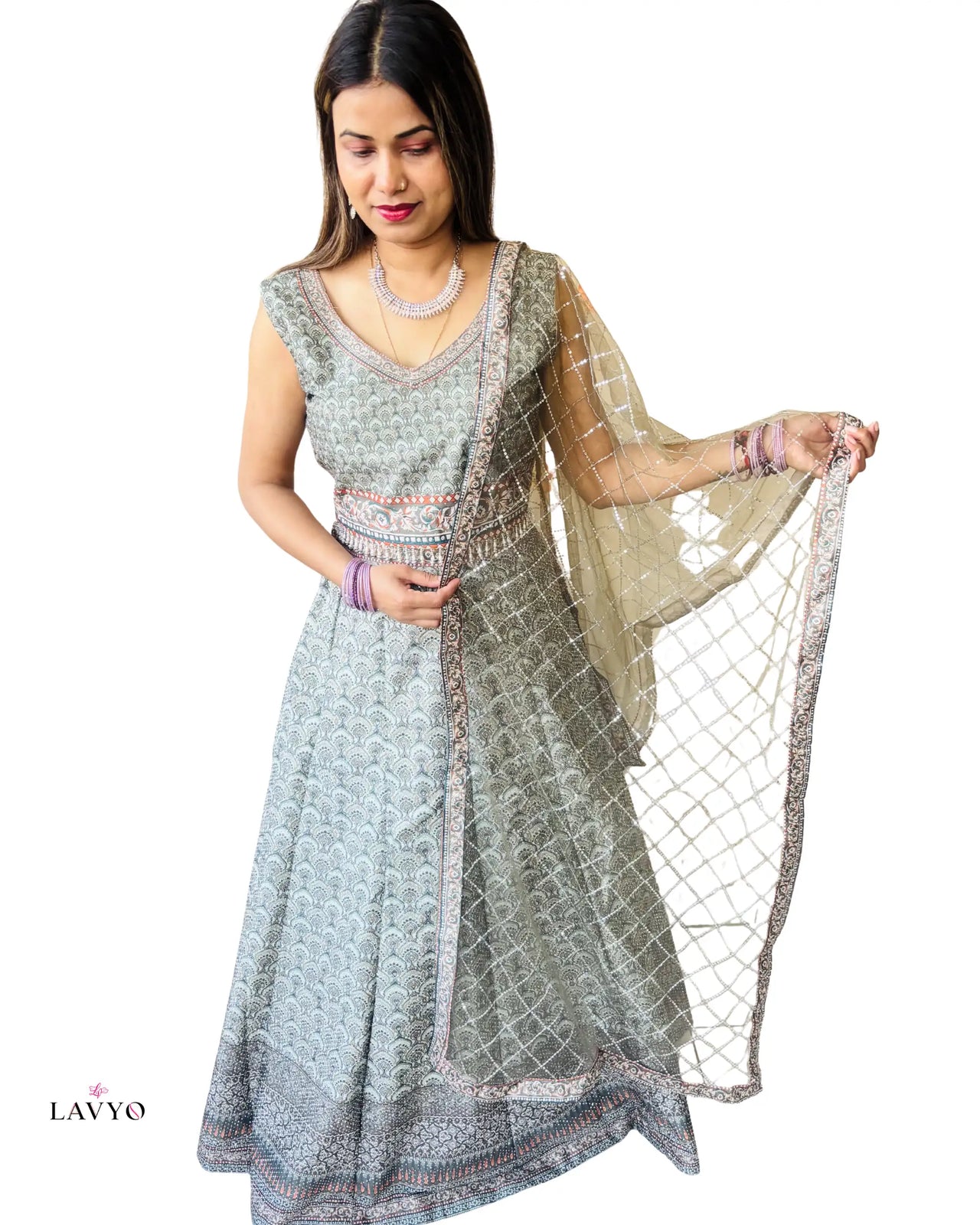 Premium Muted Olive Green (Pastel Color) Embroidery Work Sleeveless (Extra Sleeves Inside Customer Stitching Required) Anarkali Set (Lehnga Style) with Sheer Dupatta (3 Piece Set) | FREE SIZE