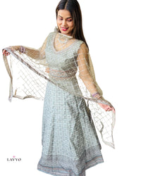Premium Muted Olive Green (Pastel Color) Embroidery Work Sleeveless (Extra Sleeves Inside Customer Stitching Required) Anarkali Set (Lehnga Style) with Sheer Dupatta (3 Piece Set) | FREE SIZE