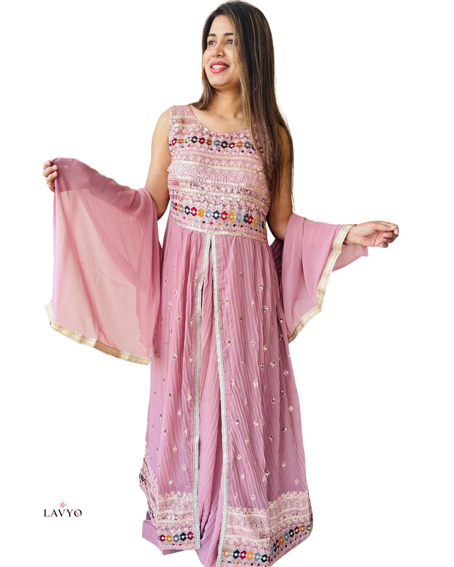 Premium Free Size Vibrant Dusty Pink  Color (Pestal Color) Embroider Anarkali Style Set (Lehnga Style), Sleeveless Extra Sleeves Inside (Customer Stitching Required)  with Sheer Dupatta (3 Piece Set)