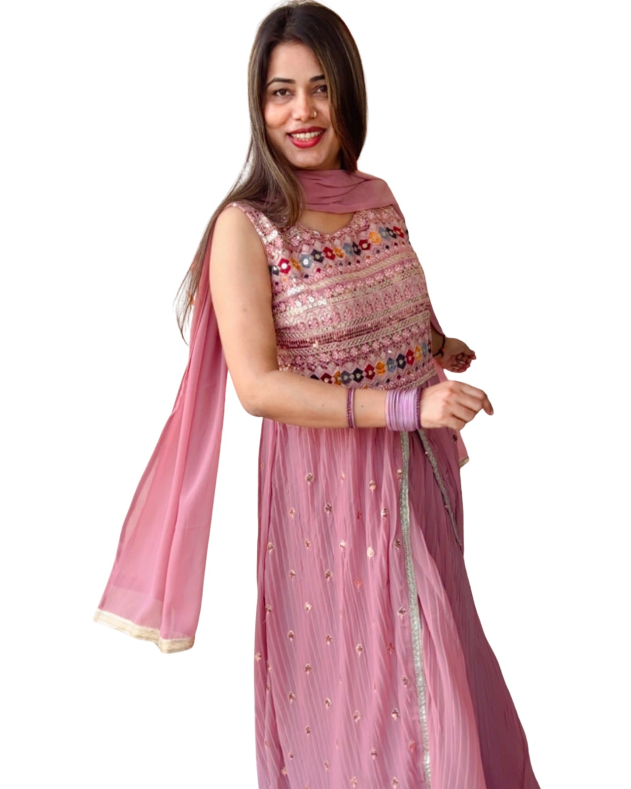 Premium Free Size Vibrant Dusty Pink  Color (Pestal Color) Embroider Anarkali Style Set (Lehnga Style), Sleeveless Extra Sleeves Inside (Customer Stitching Required)  with Sheer Dupatta (3 Piece Set)