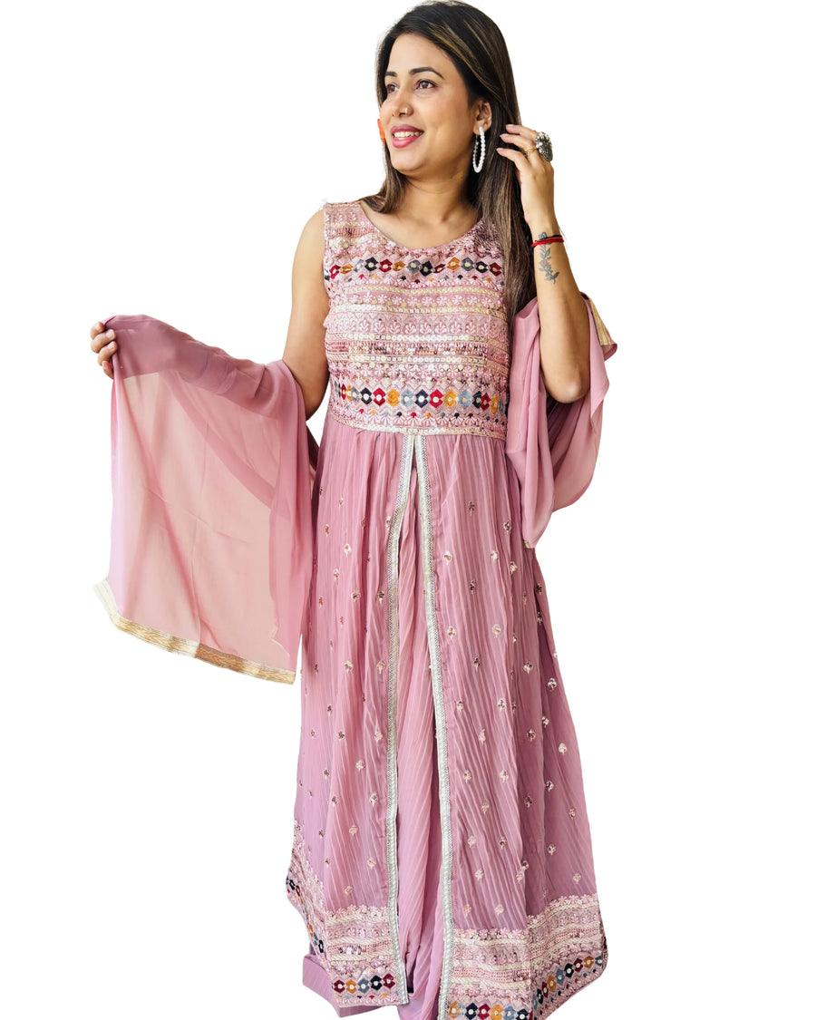 Premium Free Size Vibrant Dusty Pink  Color (Pestal Color) Embroider Anarkali Style Set (Lehnga Style), Sleeveless Extra Sleeves Inside (Customer Stitching Required)  with Sheer Dupatta (3 Piece Set)