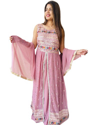 Premium Free Size Vibrant Dusty Pink  Color (Pestal Color) Embroider Anarkali Style Set (Lehnga Style), Sleeveless Extra Sleeves Inside (Customer Stitching Required)  with Sheer Dupatta (3 Piece Set)