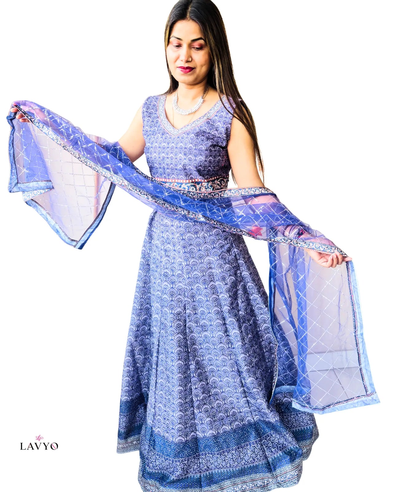 Premium Royal Blue (Pastel Color) Embroidery Work Sleeveless (Extra Sleeves Inside Customer Stitching Required) Anarkali Set (Lehnga Style) with Sheer Dupatta (3 Piece Set) | FREE SIZE