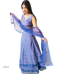Premium Royal Blue (Pastel Color) Embroidery Work Sleeveless (Extra Sleeves Inside Customer Stitching Required) Anarkali Set (Lehnga Style) with Sheer Dupatta (3 Piece Set) | FREE SIZE