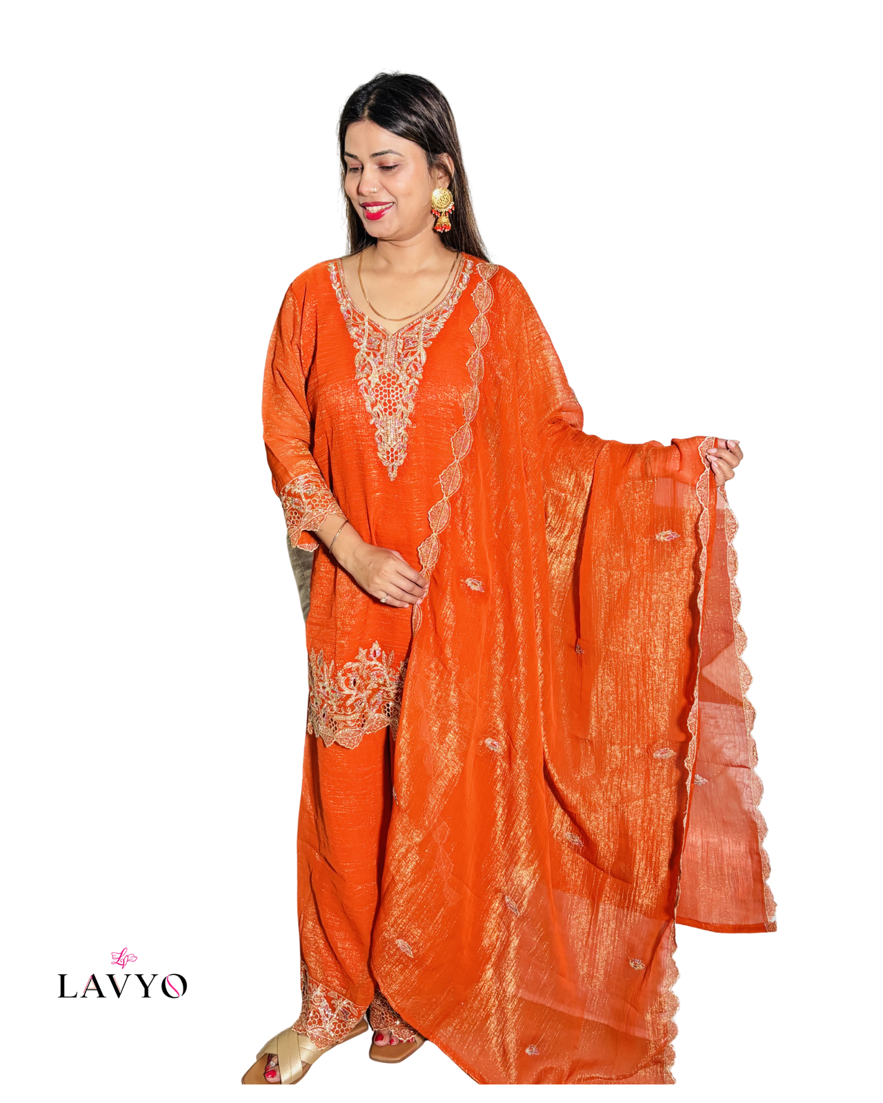 Premium Embroidered Kurta Plazo Set with Flowing Dupatta |  3 Piece Suit | Vibrant Orange Color |  Elegant Thread Embroidery on Neck, Sleeves, Kurta Bottom Border and at Bottom of Plazo | Rich Embroidered Dupatta