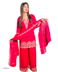Premium Rich Raani Color Embroidered Kurta Palazzo Set with Matching Sheer Dupatta (3-Piece Suit)