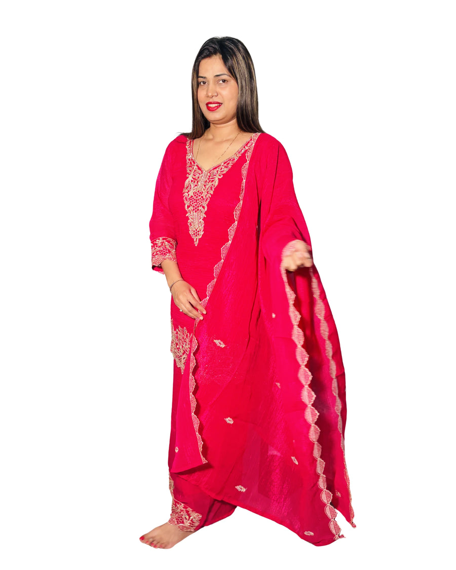 Premium Rich Raani Color Embroidered Kurta Palazzo Set with Matching Sheer Dupatta (3-Piece Suit)