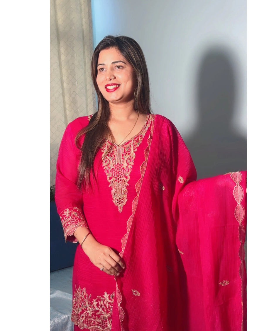 Premium Rich Raani Color Embroidered Kurta Palazzo Set with Matching Sheer Dupatta (3-Piece Suit)