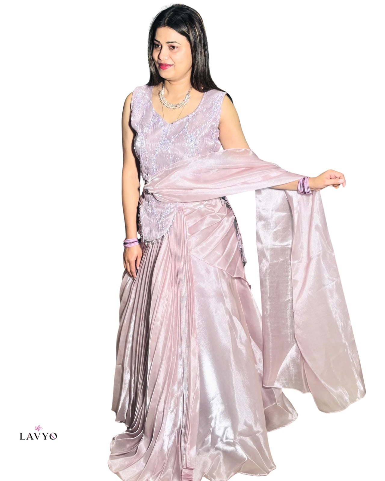 Premium Party Wear Dusty Rose Pink (Pastel Color) Embellished Ready To Wear Designer Saaree (Lehnga Style) with Sleeveless Blouse ( Extra Sleeves Inside Customer Stitching Required)  | Heavy Jari Work On Top