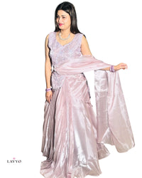 Premium Party Wear Dusty Rose Pink (Pastel Color) Embellished Ready To Wear Designer Saaree (Lehnga Style) with Sleeveless Blouse ( Extra Sleeves Inside Customer Stitching Required)  | Heavy Jari Work On Top