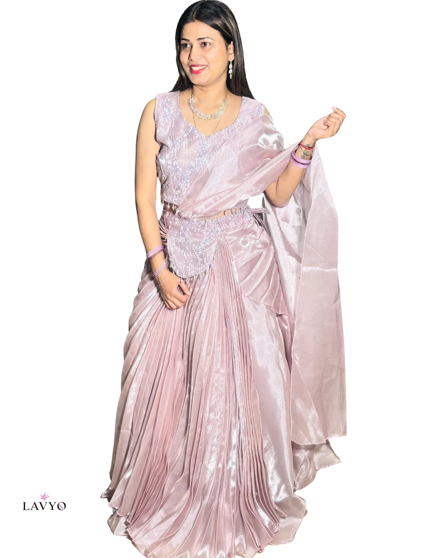 Premium Party Wear Dusty Rose Pink (Pastel Color) Embellished Ready To Wear Designer Saaree (Lehnga Style) with Sleeveless Blouse ( Extra Sleeves Inside Customer Stitching Required)  | Heavy Jari Work On Top