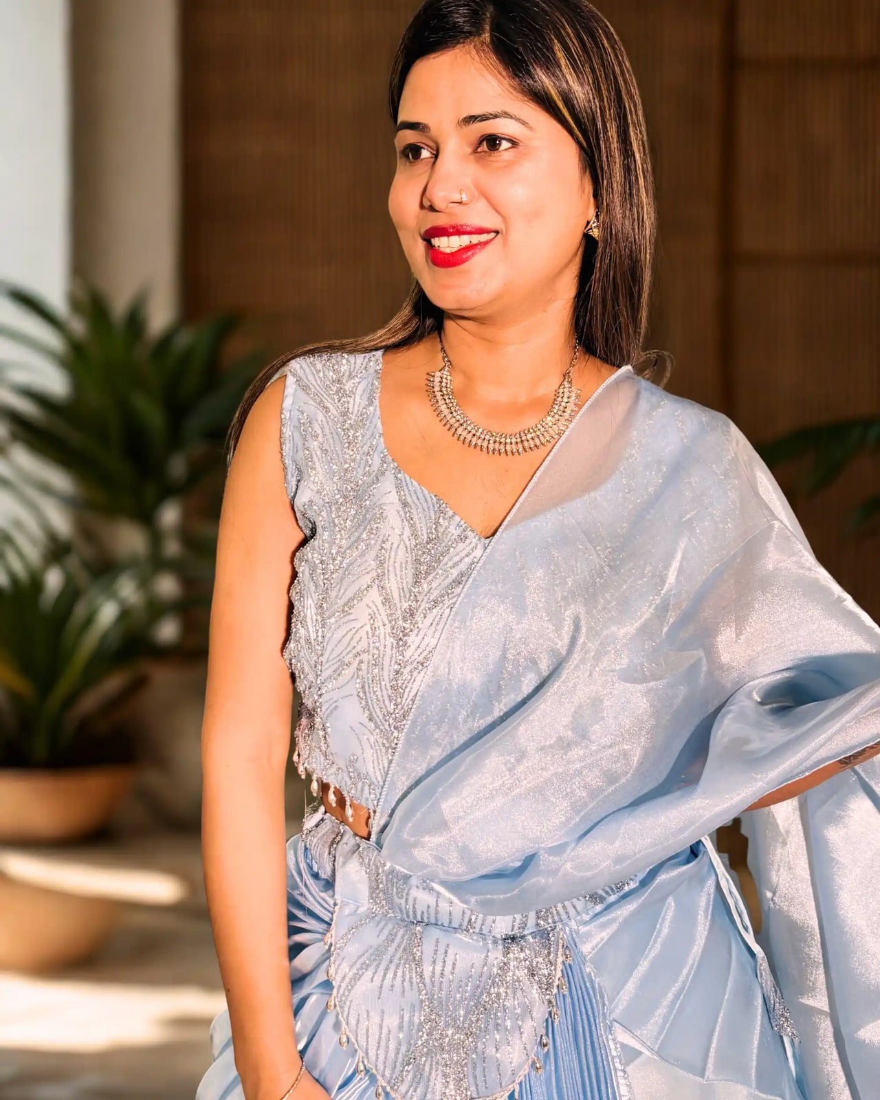 Premium Party Wear Ice Blue Embellished Ready To Wear Designer Saaree (Lehnga Style) with Sleeveless Blouse (extra sleeve attached if you need to stitched) | Heavy Jari Work On Top