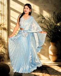 Premium Party Wear Ice Blue Embellished Ready To Wear Designer Saaree (Lehnga Style) with Sleeveless Blouse (extra sleeve attached if you need to stitched) | Heavy Jari Work On Top