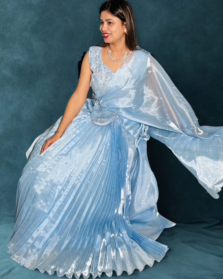 Premium Party Wear Ice Blue Embellished Ready To Wear Designer Saaree (Lehnga Style) with Sleeveless Blouse (extra sleeve attached if you need to stitched) | Heavy Jari Work On Top