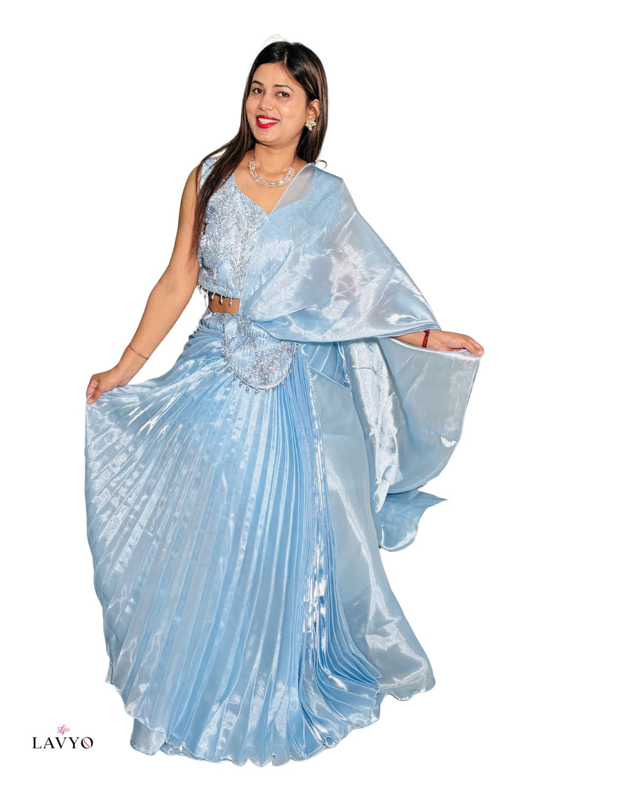 Premium Party Wear Ice Blue Embellished Ready To Wear Designer Saaree (Lehnga Style) with Sleeveless Blouse (extra sleeve attached if you need to stitched) | Heavy Jari Work On Top