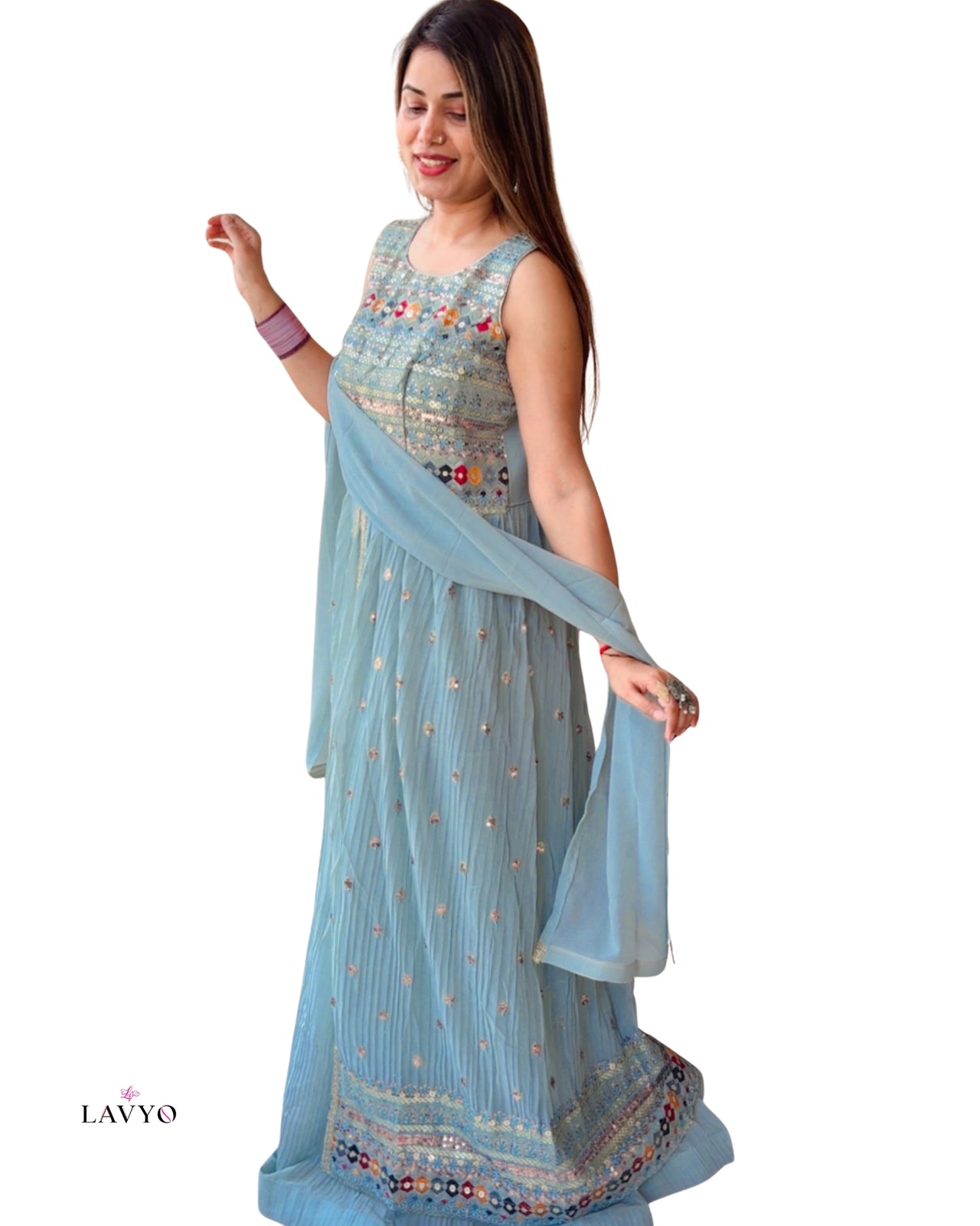 Premium Free Size Soft Sky Blue Color (Muted Pastel Blue) Embroider Anarkali Style Set (Lehnga Style), Sleeveless Extra Sleeves Inside (Customer Stitching Required)  with Sheer Dupatta (3 Piece Set)