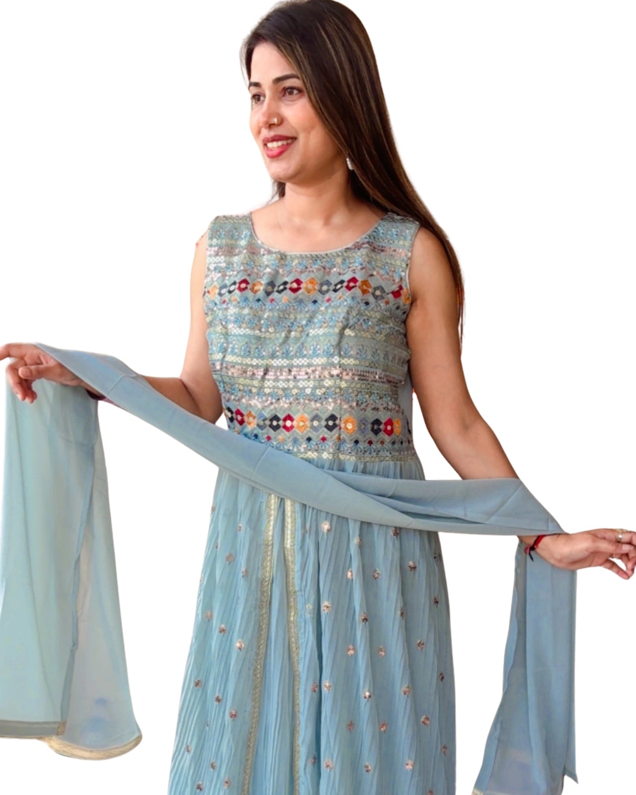 Premium Free Size Soft Sky Blue Color (Muted Pastel Blue) Embroider Anarkali Style Set (Lehnga Style), Sleeveless Extra Sleeves Inside (Customer Stitching Required)  with Sheer Dupatta (3 Piece Set)