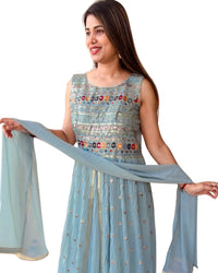 Premium Free Size Soft Sky Blue Color (Muted Pastel Blue) Embroider Anarkali Style Set (Lehnga Style), Sleeveless Extra Sleeves Inside (Customer Stitching Required)  with Sheer Dupatta (3 Piece Set)