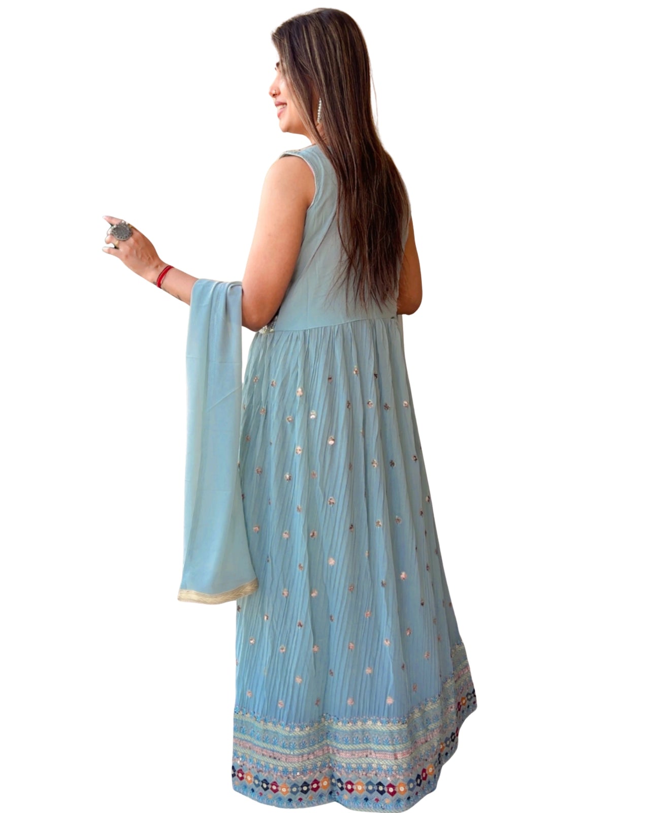 Premium Free Size Soft Sky Blue Color (Muted Pastel Blue) Embroider Anarkali Style Set (Lehnga Style), Sleeveless Extra Sleeves Inside (Customer Stitching Required)  with Sheer Dupatta (3 Piece Set)