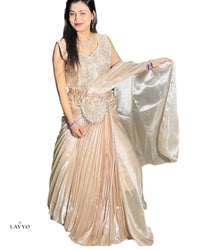 Premium Party Wear Champagne Gold (Pastel Color) Embellished Ready To Wear Designer Saaree (Lehnga Style) with Sleeveless Blouse ( Extra Sleeves Inside Customer Stitching Required)  | Heavy Jari Work On Top