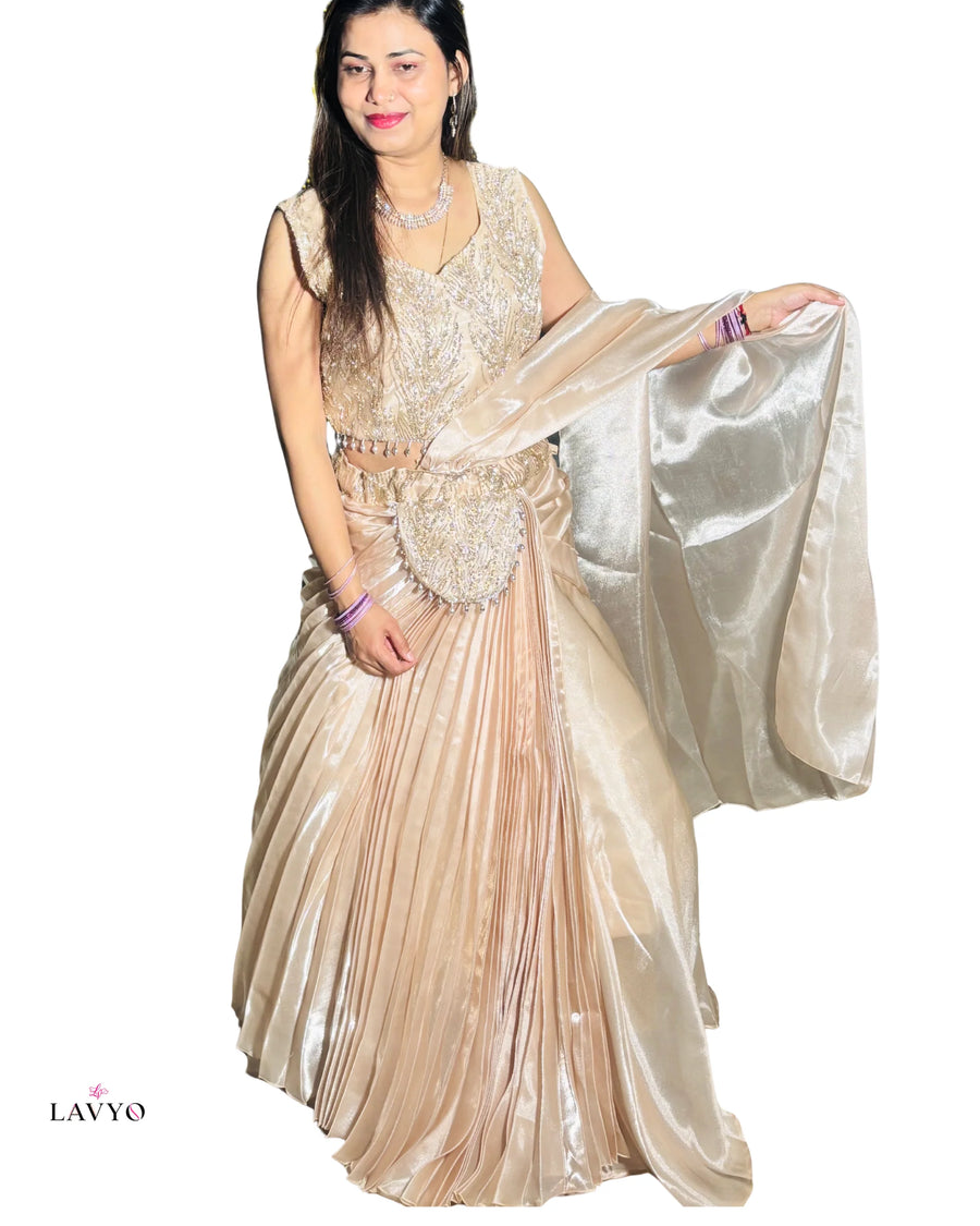 Premium Party Wear Champagne Gold (Pastel Color) Embellished Ready To Wear Designer Saaree (Lehnga Style) with Sleeveless Blouse ( Extra Sleeves Inside Customer Stitching Required)  | Heavy Jari Work On Top