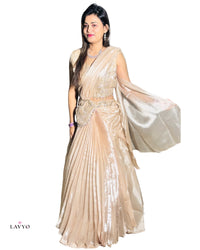Premium Party Wear Champagne Gold (Pastel Color) Embellished Ready To Wear Designer Saaree (Lehnga Style) with Sleeveless Blouse ( Extra Sleeves Inside Customer Stitching Required)  | Heavy Jari Work On Top
