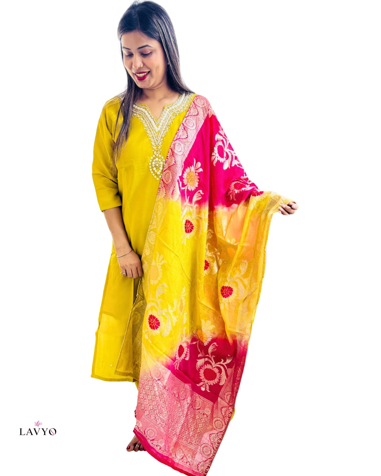 Premium Mustard Yellow Rich Embroidered Kurta Set with Contrast Pink Printed Dupatta (3 Piece Suit)