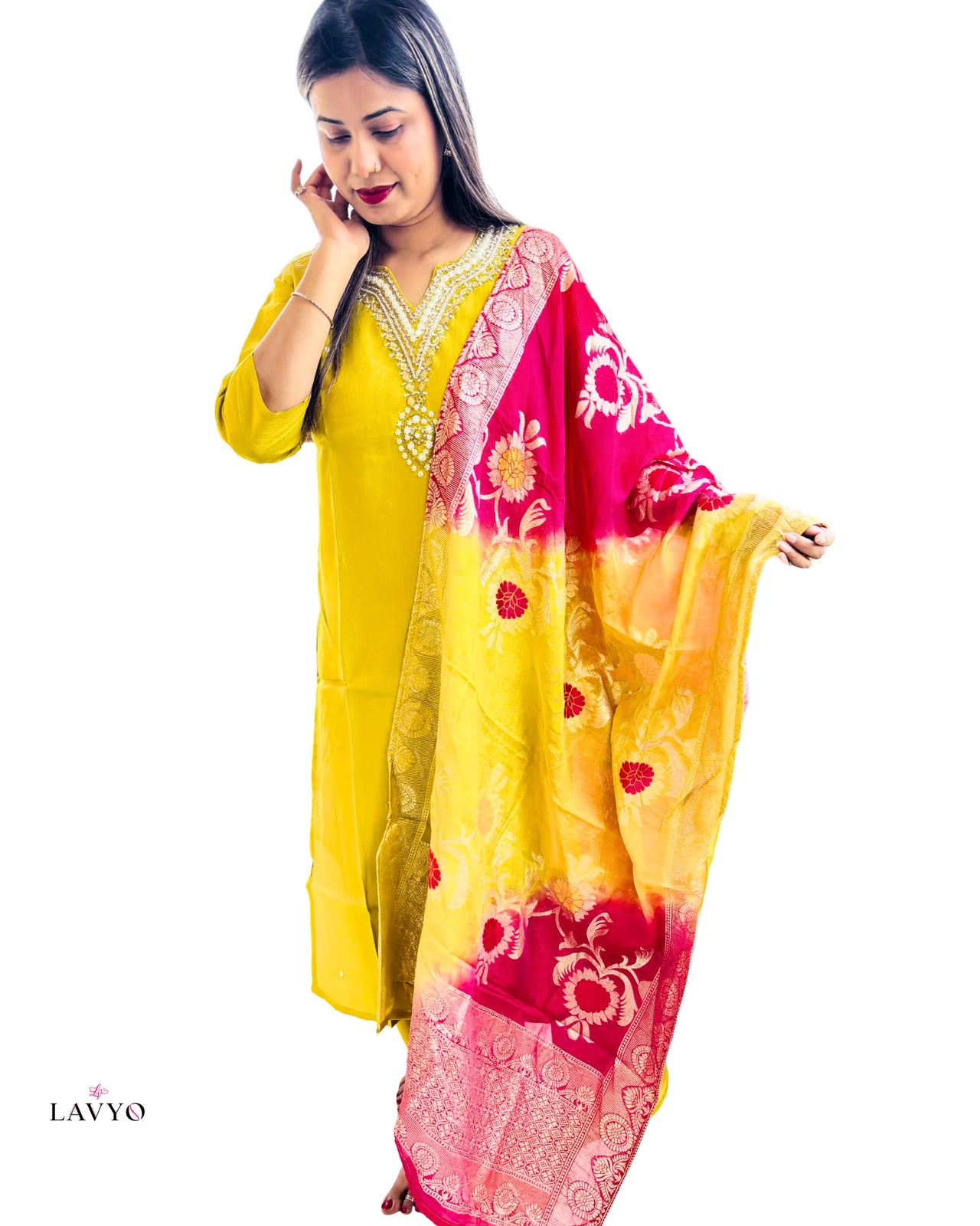 Premium Mustard Yellow Rich Embroidered Kurta Set with Contrast Pink Printed Dupatta (3 Piece Suit)
