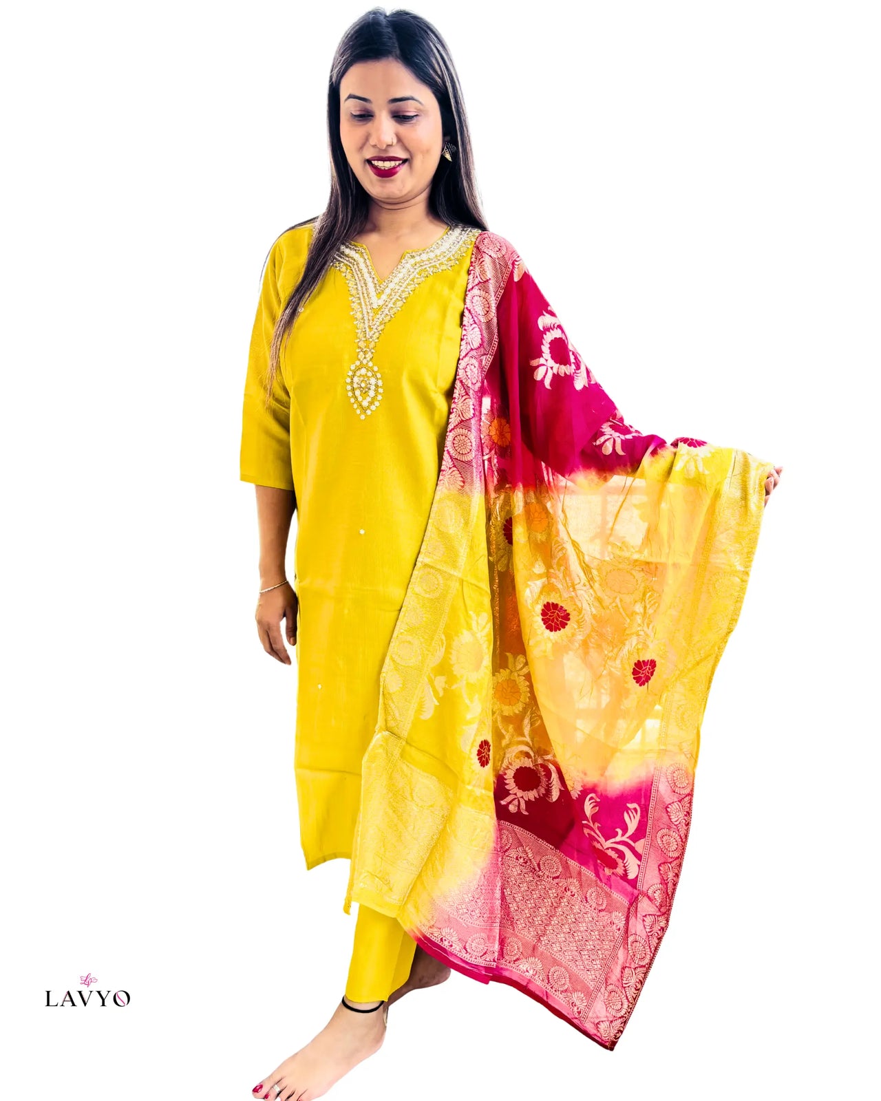 Premium Mustard Yellow Rich Embroidered Kurta Set with Contrast Pink Printed Dupatta (3 Piece Suit)