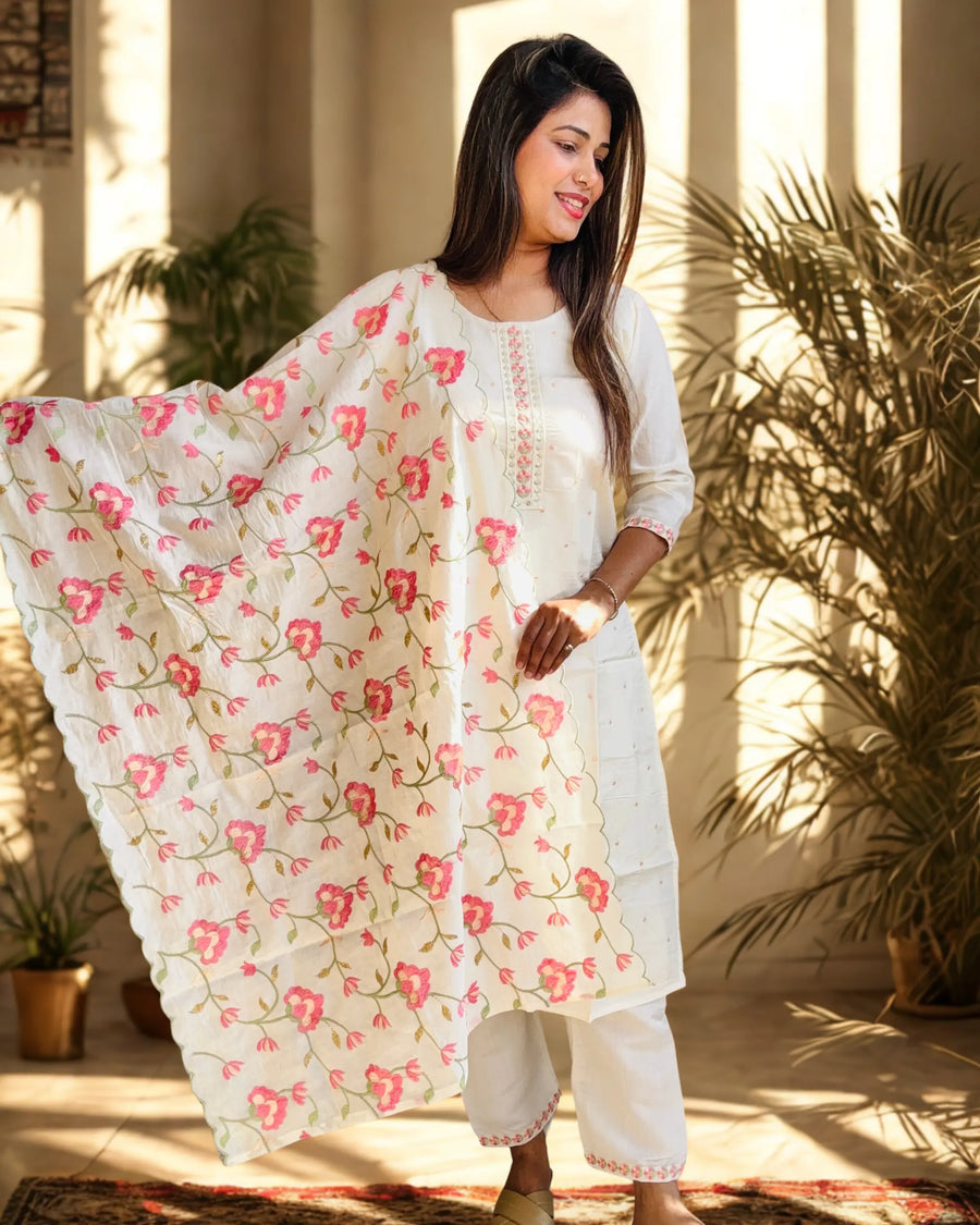 Premium Off White Embroidered Kurta Pant Set with Rich Embroidered Floral Dupatta | 3 Piece Suit