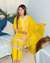 Yellow Embroidered Kurta Pant Set with Floral Detail and Sheer Dupatta | Yellow Color | Premium 3 Piece Suit